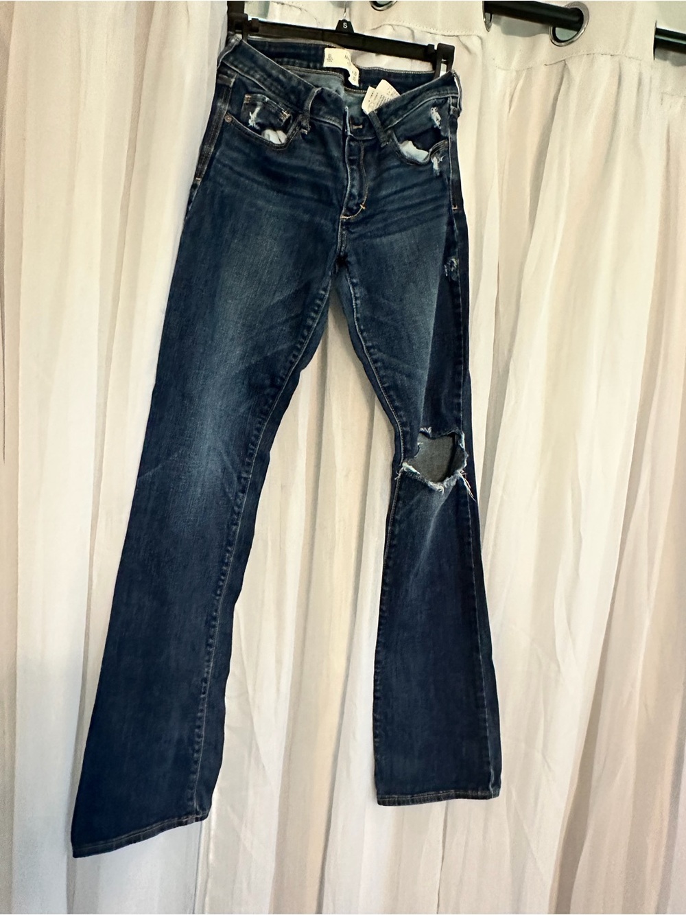 Abercrombie & Fitch Dark Blue Flare Jeans with Knee Distress - Picture 3 of 7